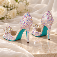 Load image into Gallery viewer, Lilac Crystal Bridal Shoes with Flower Detail | Custom Colour Peep Toe Heels
