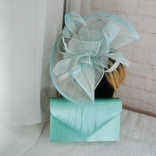 Load image into Gallery viewer, Mint Green Satin Clutch Bag and Fascinator Set
