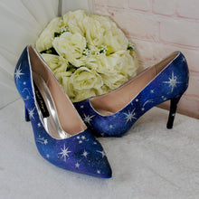 Load image into Gallery viewer, Blue Satin Celestial Wedding Shoes: Hand-Painted Galaxy Bridal Heels UK7.5/US10
