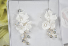 Load image into Gallery viewer, Statement Bridal Earrings, Floral Drop Wedding Jewelery, Swarovski Crystal Porcelain White Flower
