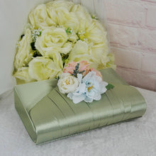 Load image into Gallery viewer, Sage Green Satin Bridal Set: Handmade Clutch, Sandals &amp; Fascinator
