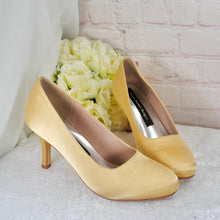 Load image into Gallery viewer, Gold Satin Wedding Heels: Custom Bridal Shoes, Comfortable Mid Heel • Size UK5/US7.5
