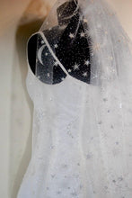 Load image into Gallery viewer, Celestial Wedding Veil or Bridal Cape – White Tulle with Silver Moons &amp; Stars
