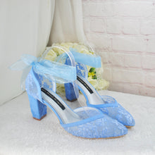 Load image into Gallery viewer, Something Blue Floral Lace Embroidered Block Heel Wedding Sandals • UK5/US7.5

