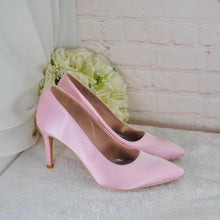 Load image into Gallery viewer, Pink Satin Bridal Set: Heels, Clutch, Fascinator - Handmade Wedding Guest Outfit
