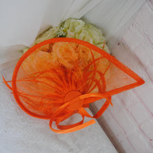 Load image into Gallery viewer, Orange Satin Clutch Bag and Fascinator Set, Handmade Bridal Hatinator
