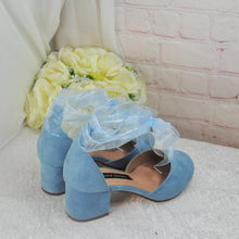 Load image into Gallery viewer, Blue Suede Low Heel Bridal Sandals, Wedding Shoes with Ankle Strap, Bridal Shoes with Block Heel
