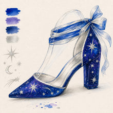 Load image into Gallery viewer, Blue Celestial Wedding Shoes – Galaxy Block Heels with Ankle Ribbons
