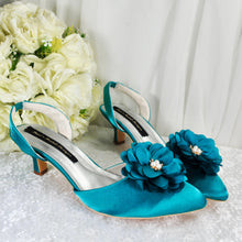 Load image into Gallery viewer, Teal Green Satin Kitten Heels - UK8 - Ready to Dispatch
