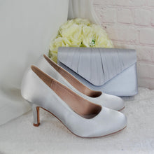 Load image into Gallery viewer, Silver Satin Bridal Set: Handmade Heels, Clutch &amp; Fascinator
