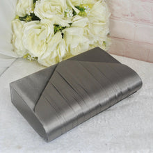 Load image into Gallery viewer, Pewter Dark Grey Satin Bridal Set: Block Heel Shoes, Clutch Bag &amp; Sinamay Fascinator
