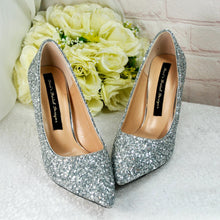 Load image into Gallery viewer, Silver Glitter Bridal Heels – Pointed Toe Stilettos | Handmade Pumps • UK4/US6.5
