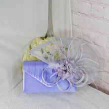 Load image into Gallery viewer, Lilac Purple Satin Clutch Bag and Fascinator Set: Wedding Guest Outfit
