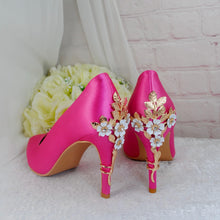 Load image into Gallery viewer, Hot Pink Satin Heels: Golden Cherry Blossom Bridal Shoes
