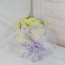 Load image into Gallery viewer, Lilac Purple Satin Clutch Bag and Fascinator Set: Wedding Guest Outfit
