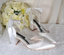 Load image into Gallery viewer, Handmade Ivory Satin Wedding Shoes: Pearl Ankle Strap, Block Heel UK8/US10.5
