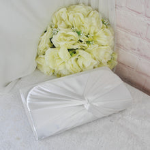 Load image into Gallery viewer, White Satin Bridal Set: Heels, Clutch Bag &amp; Fascinator
