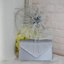 Load image into Gallery viewer, Silver Grey Fascinator and Clutch Bag Set: Handmade Satin Bridal Hatinator

