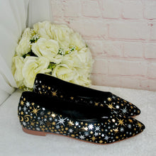 Load image into Gallery viewer, Black Celestial Bridal Flats – Hand-Painted Pointed Wedding Shoes
