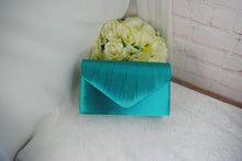 Load image into Gallery viewer, Teal Satin Clutch Bag and Fascinator Set: Handmade Bridal Hatinator
