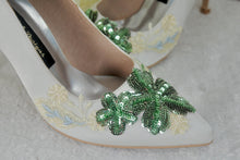 Load image into Gallery viewer, Ivory Satin Bridal Set – Handmade Satin Shoes With Floral Embroidered Heels UK8/US10.5
