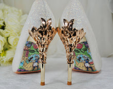 Load image into Gallery viewer, Ivory Wedding Shoes - Handmade Bridal Shoes with Filigree Vine Heels, 9cm Heel  (UK5/US7.5)
