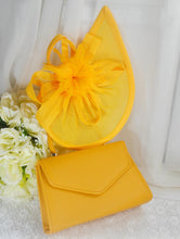 Load image into Gallery viewer, Mustard Yellow Fascinator Hat &amp; Textured Bag Set
