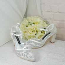Load image into Gallery viewer, Ivory Satin Bridal Sandals: Embroidered Floral Block Heel, UK7/US9.5
