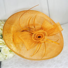 Load image into Gallery viewer, Mustard Yellow Large Fascinator Hat &amp; Vegan Suede Clutch Bag Set
