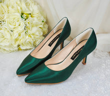 Load image into Gallery viewer, Emerald Green Satin Bridal Shoes: Mid Heel Custom Colour Bridesmaid Heels
