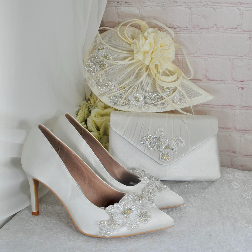 Ivory Satin Bridal Set: Floral Heels, Clutch & Fascinator