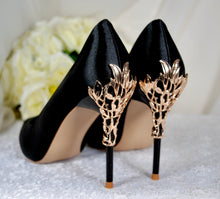 Load image into Gallery viewer, Black Satin Bridal Pumps – Gold Leaf Shoes UK4 / US6.5
