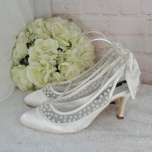 Load image into Gallery viewer, Bridal Slingback Shoes – Satin Bridal Heels with Pearls &amp; Bow Detail, UK6 / US8.5
