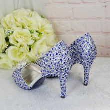 Load image into Gallery viewer, Lilac Crystal Bridal Shoes with Flower Detail | Custom Colour Peep Toe Heels
