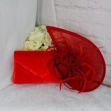 Load image into Gallery viewer, Red Satin Bridal Set: Handmade Heels, Clutch Bag &amp; Fascinator
