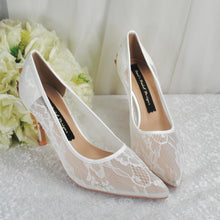 Load image into Gallery viewer, Handmade White Lace Wedding Shoes with Cherry Blossom Heel | Pointed Toe Bridal Heels
