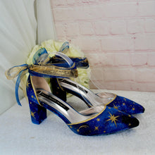 Load image into Gallery viewer, Blue Satin Celestial Wedding Shoes: Hand-Painted Galaxy Bridal Block Heels
