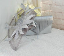 Load image into Gallery viewer, Silver Satin Bridal Set: Heels, Clutch Bag &amp; Fascinator
