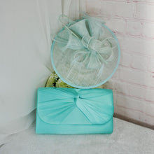 Load image into Gallery viewer, Mint Green Wedding Fascinator Hat &amp; Clutch Bag Set: Handmade Bridal Accessories
