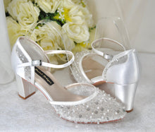 Load image into Gallery viewer, LAST ONE - Handmade Beaded Block Heel Bridal Sandals: Ivory Satin Shoes UK6/US8.5
