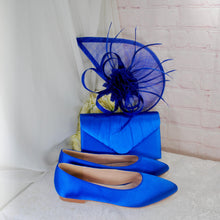 Load image into Gallery viewer, Royal Blue Satin Flats, Clutch &amp; Fascinator Set: Handmade Wedding Shoes Mother Bride Guest Outfit
