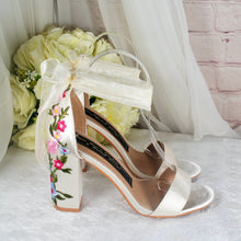 Load image into Gallery viewer, Ivory Satin Bridal Sandals: Floral Embroidery, Block Heel - UK6/US8.5
