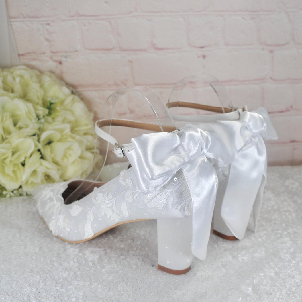 White Embroidered Block Heel Bridal Shoes: Floral Wedding Heels