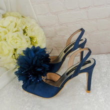 Load image into Gallery viewer, Navy Blue Satin Heel, Clutch &amp; Fascinator Set: Handmade Wedding Guest Outfit
