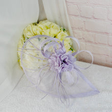 Load image into Gallery viewer, Lilac Purple Satin Clutch Bag and Fascinator Set: Wedding Guest Outfit
