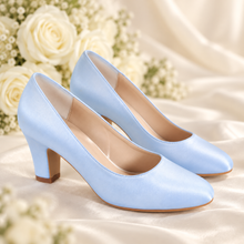 Load image into Gallery viewer, Dena Light-Blue Satin Wedding Shoes – Comfortable 8 cm Block Heels
