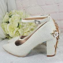 Load image into Gallery viewer, Bridal Block Heel Satin Shoes – Ivory Handmade Wedding Heels 8cm Glitter • UK5/US7.5
