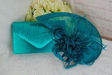 Load image into Gallery viewer, Teal Satin Bridal Set | Handmade Flat Shoes, Clutch Bag &amp; Fascinator
