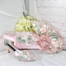 Load image into Gallery viewer, Pink Satin Bridal Set: Embroidered Heels, Clutch, Fascinator
