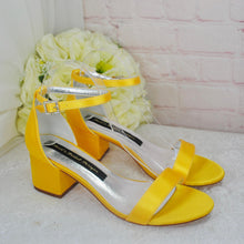 Load image into Gallery viewer, Yellow Block Heel Sandals: Satin Bridal Bridesmaid Shoes

